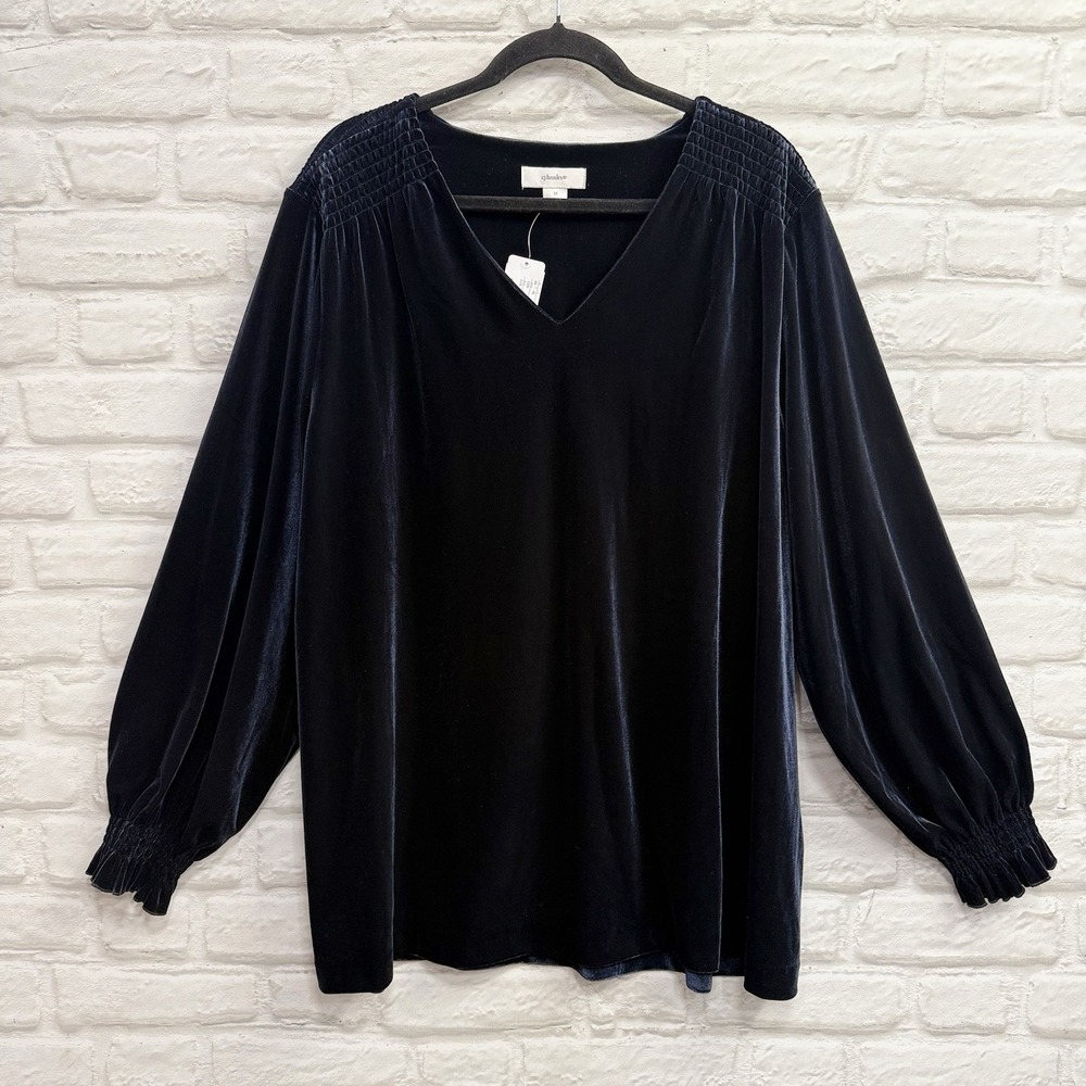CJ Banks Women 3X Tunic Top Dark Navy Velvet Smocked Long Sleeve Flowy Shirt NEW